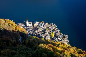 lake, village, church