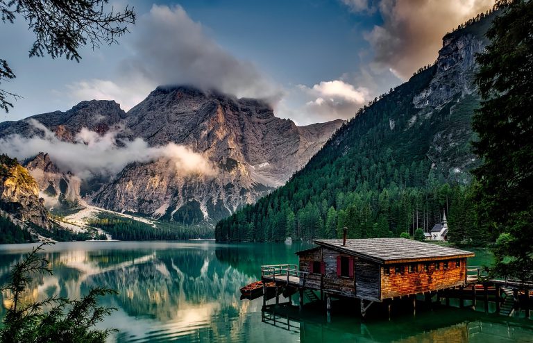 mountains, lake, house