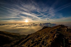 mountains, sun, clouds