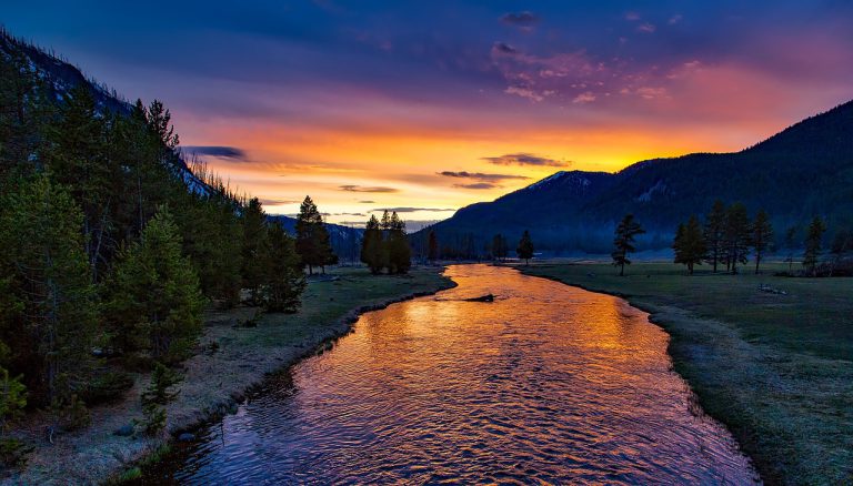 river, mountains, sunset