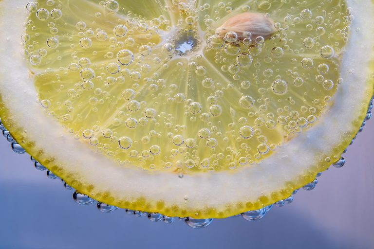 slice of lemon, lemon, small bubbles