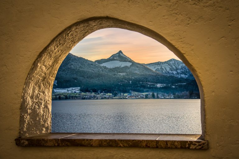 arch, window, lake